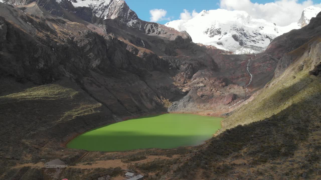 Beatiful green lake in the peruvian andes, effects of meltdown, global warming. Panamoramic fly