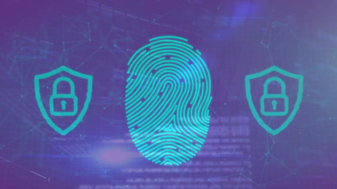 Digital Fingerprint and Security Shield Icons on Data Network Background