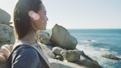 Ocean-view,-woman-and-travel-of-a-walking