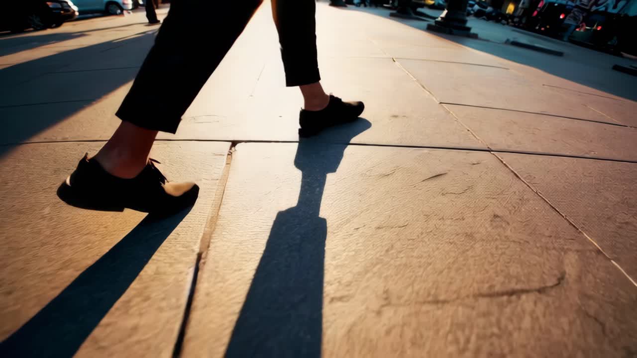 Video captures a person walking on a sunlit street, emphasizing shadows and movement