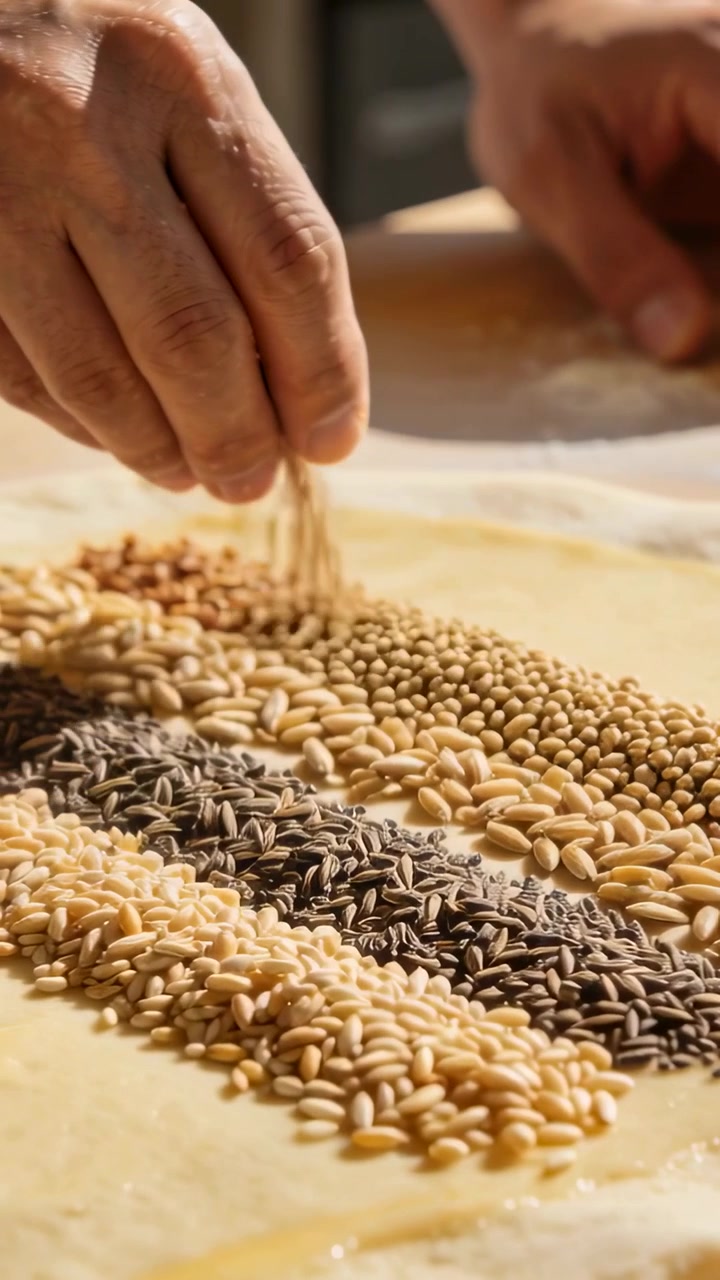 Verticale video: Bakkershanden pakken zaden en strooien parallelle rijen op gebak voor het bakken.