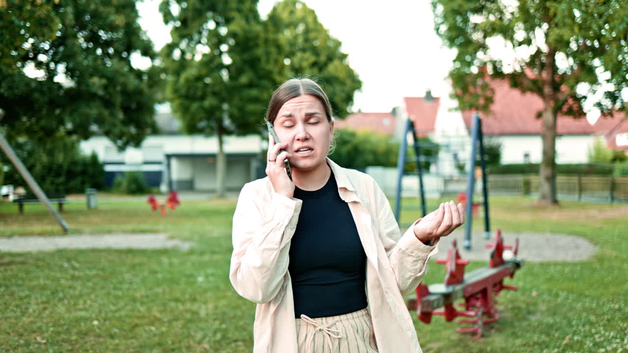 Donna sconvolta che parla al telefono mentre passeggia in un parco cittadino. Donna con il telefono in mano che lavora da remoto e risolve problemi. La donna ha ricevuto una terribile notizia al telefono.