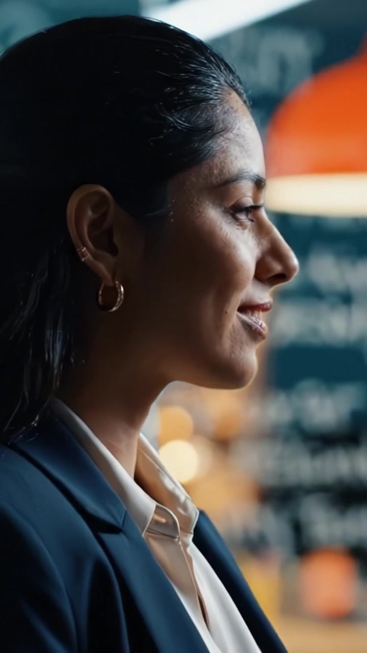 Profile View of a Thoughtful Professional Woman in a Creative Office Setting with Expressions of Insight and Introspection Amidst a Brainstorming Environment