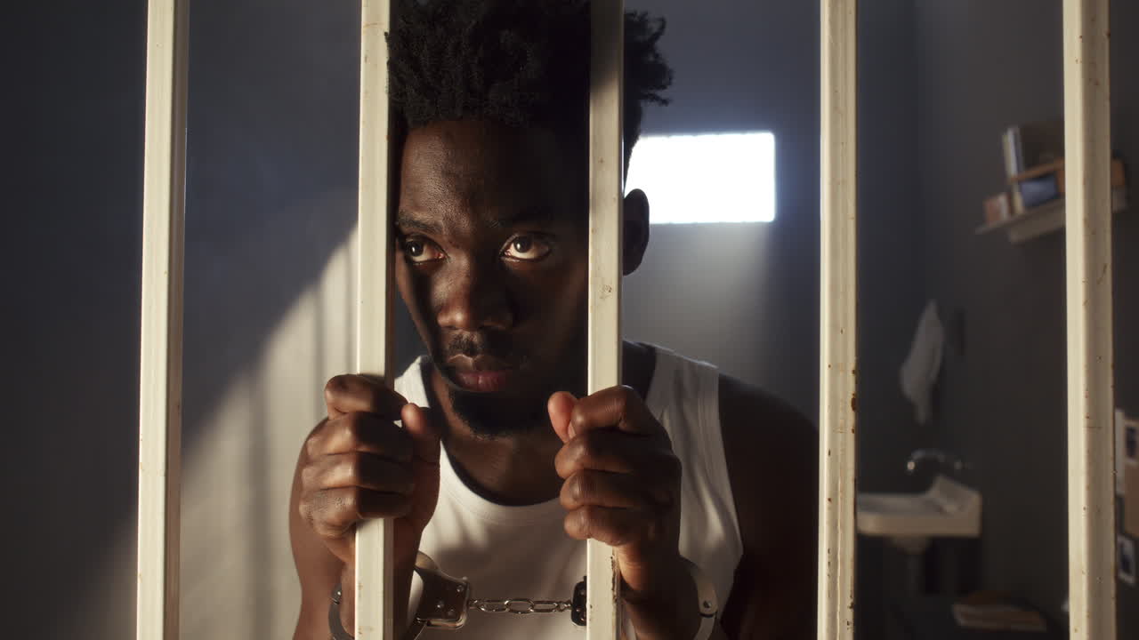 Handcuffed African American Inmate Looking Through Prison Bars