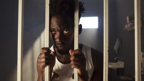 handcuffed african american inmate looking through prison bars