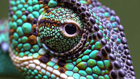 close-up of a chameleon's eye with vibrant scales