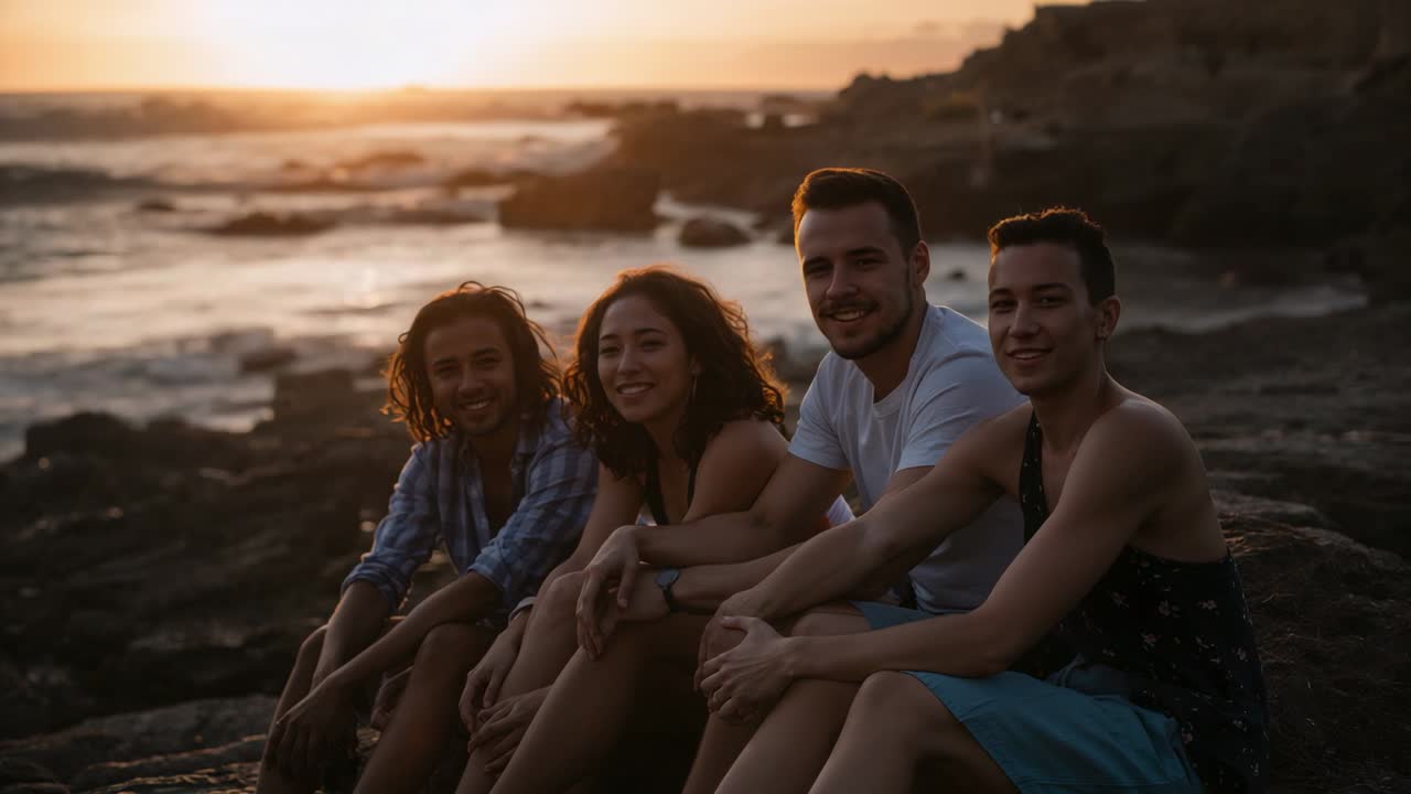 Tramonto, quattro amici seduti che sorridono e si girano verso la fotocamera, in posa su una riva rocciosa