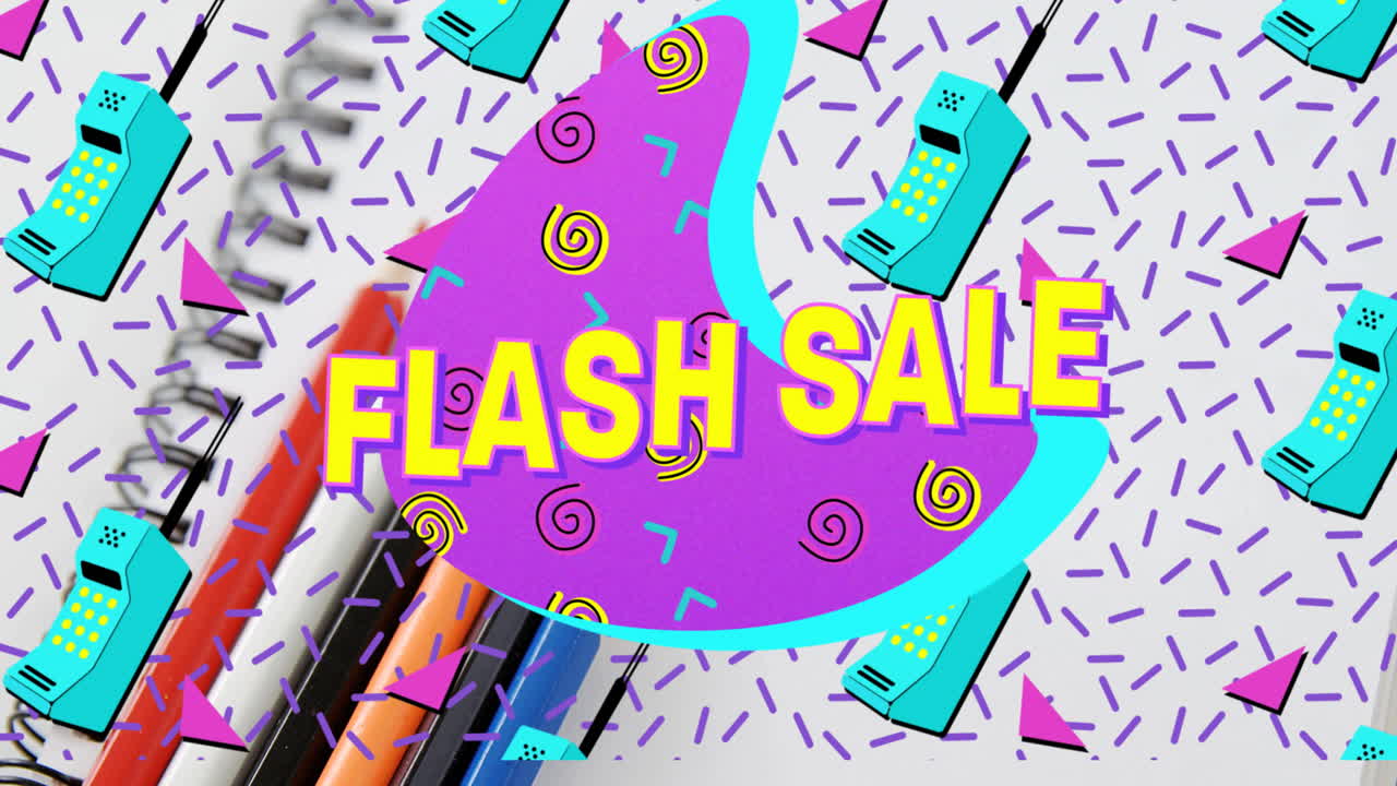 Combining blurred pens with bold FLASH SALE text over purple cyan blob and retro phone icons