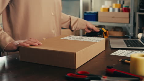 e-commerce storage shop, woman packing goods and clothes for second hand delivery market, dedicated packaging and shipping workspace with supplies and technology for efficiency, online sales.