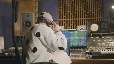 young caucasian man working at music recording studio