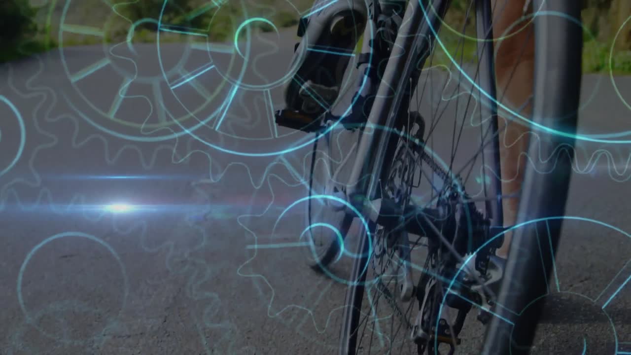 자전거 를 타고 있는 여자 를 상대로 회전 하는 기어  ⁇