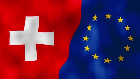 swiss and eu flags waving in wind