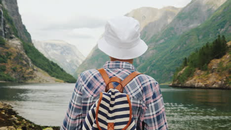 una mujer con una mochila a la espalda mira el majestuoso fiordo en noruega viajes y turismo en