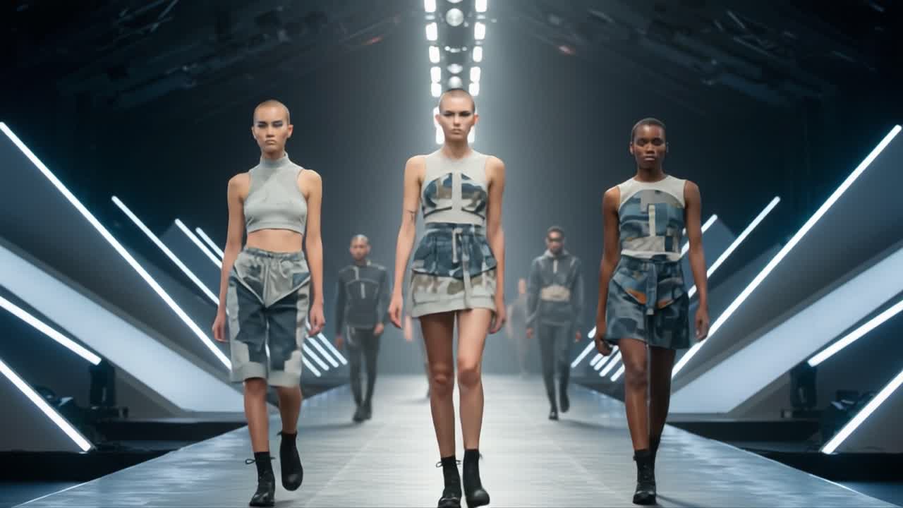 A Stunning Display of Modern Fashion on the Runway Featuring Bold Outfits, Unique Designs, and Talented Models Captivating the Audience Under Striking Stage Lighting