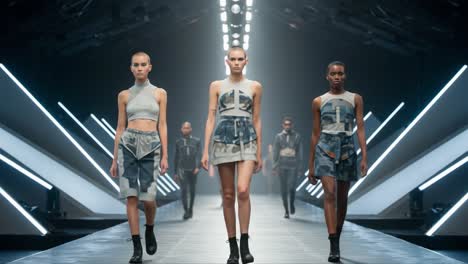 a stunning display of modern fashion on the runway featuring bold outfits, unique designs, and talented models captivating the audience under striking stage lighting