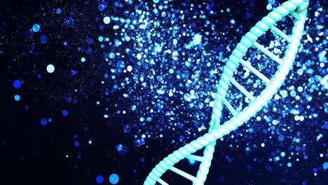 animation of dna strand spinning with copy space over blue and black background