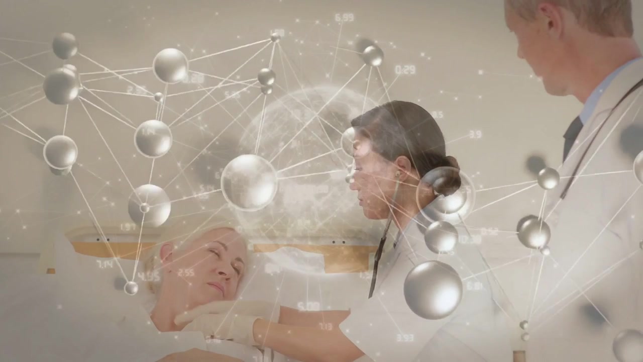Woman Dr leaning in using steth and checking arm as health overlay drifting partly hiding patient