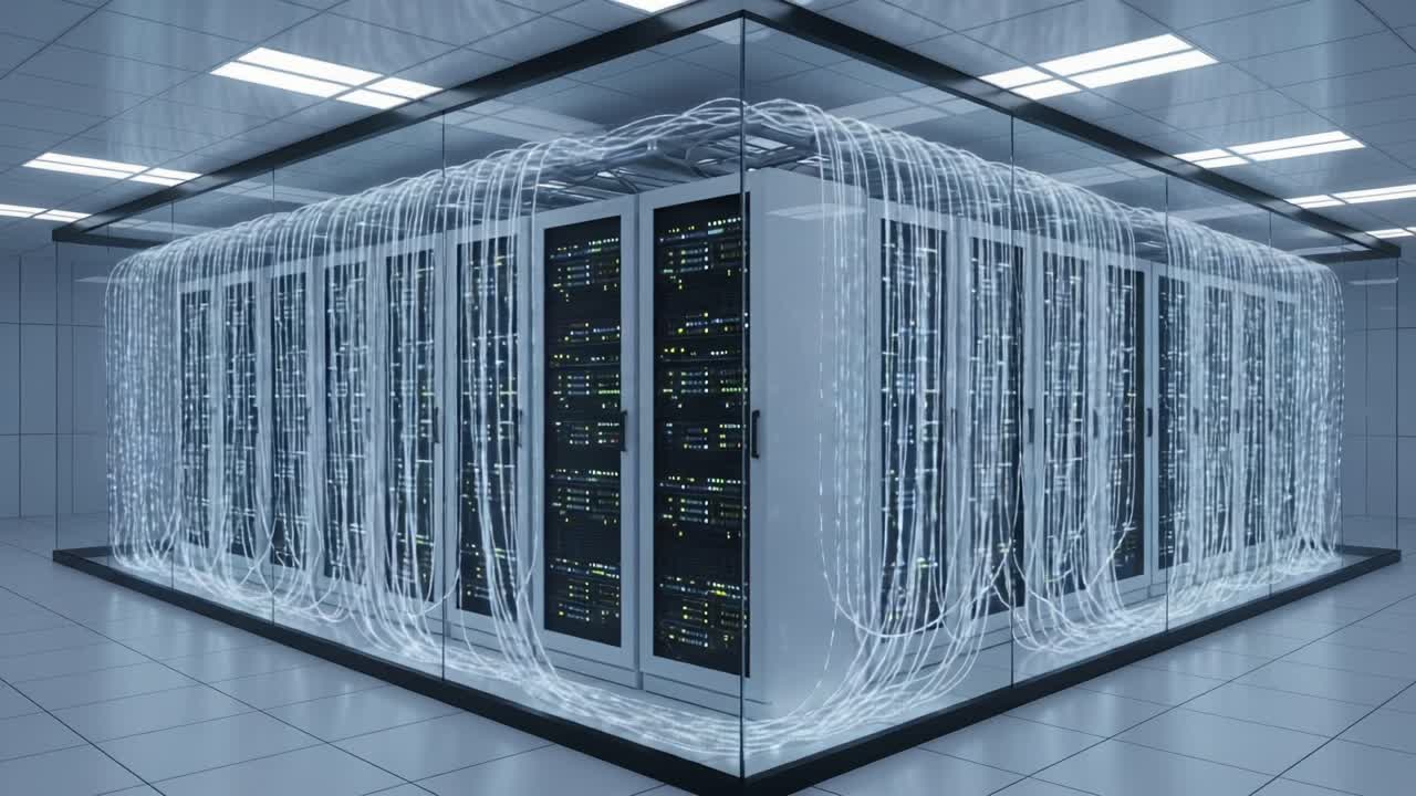 Futuristic Data Center with Fiber Optic Cabling Highlighting Advanced Server Technology and Enhanced Connectivity in a Secure Environment