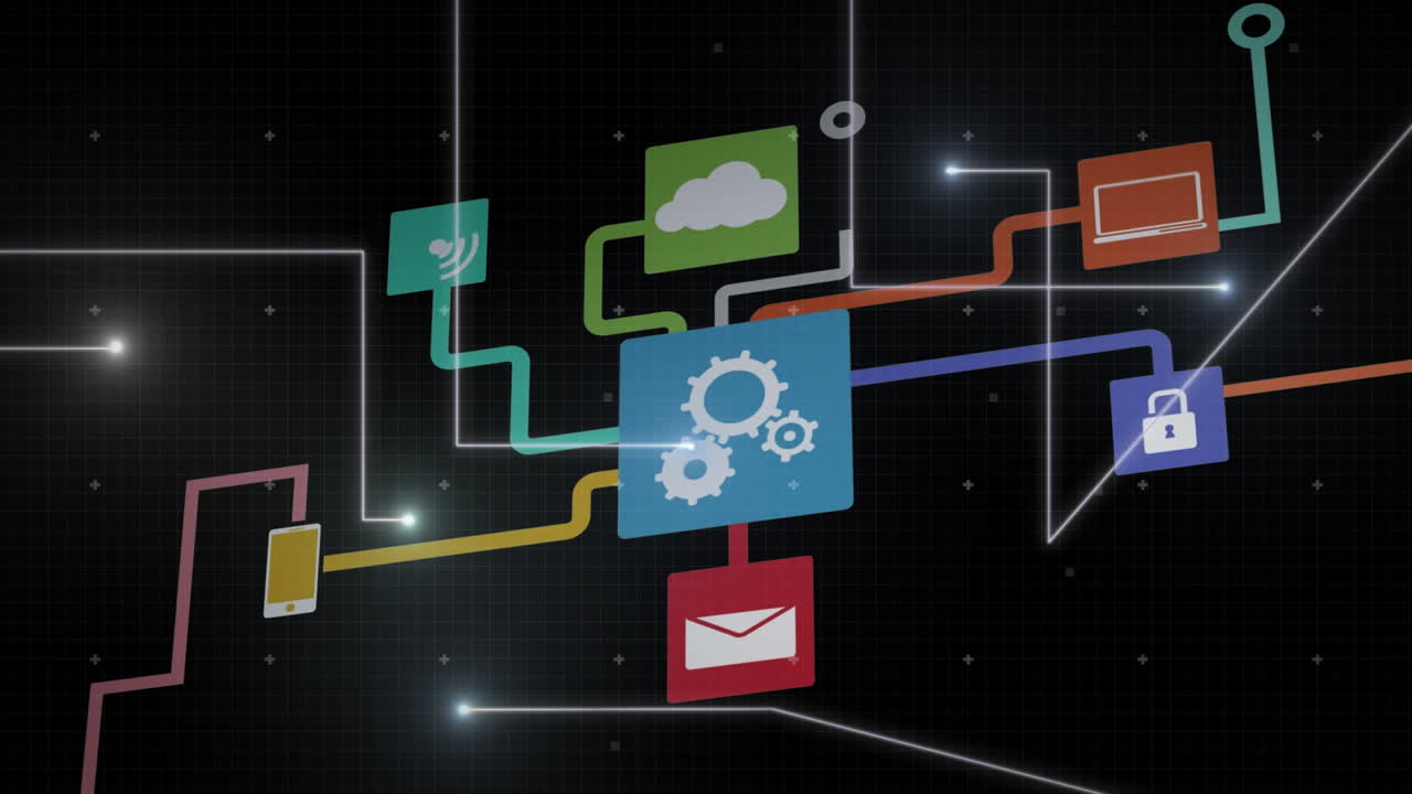 animación de iconos y puntos de los medios de comunicación sobre fondo negro