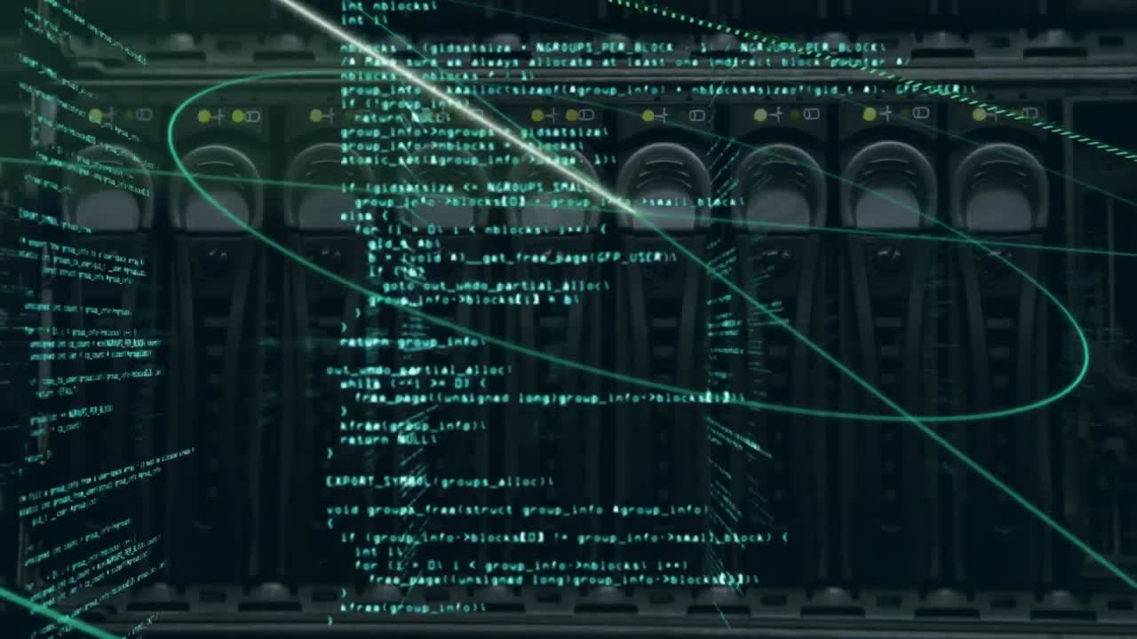 Animation of round scanner over data processing against close up of a computer server