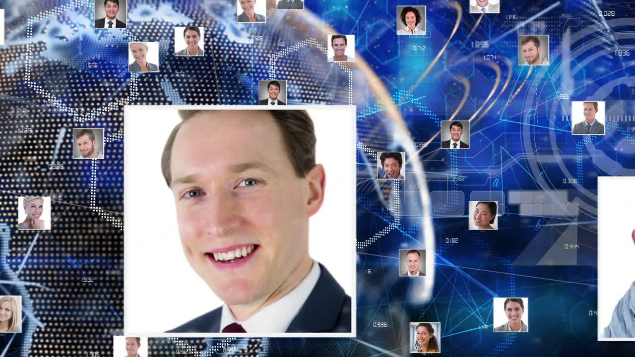 Network of profile icons against light trails and spinning globe on blue background