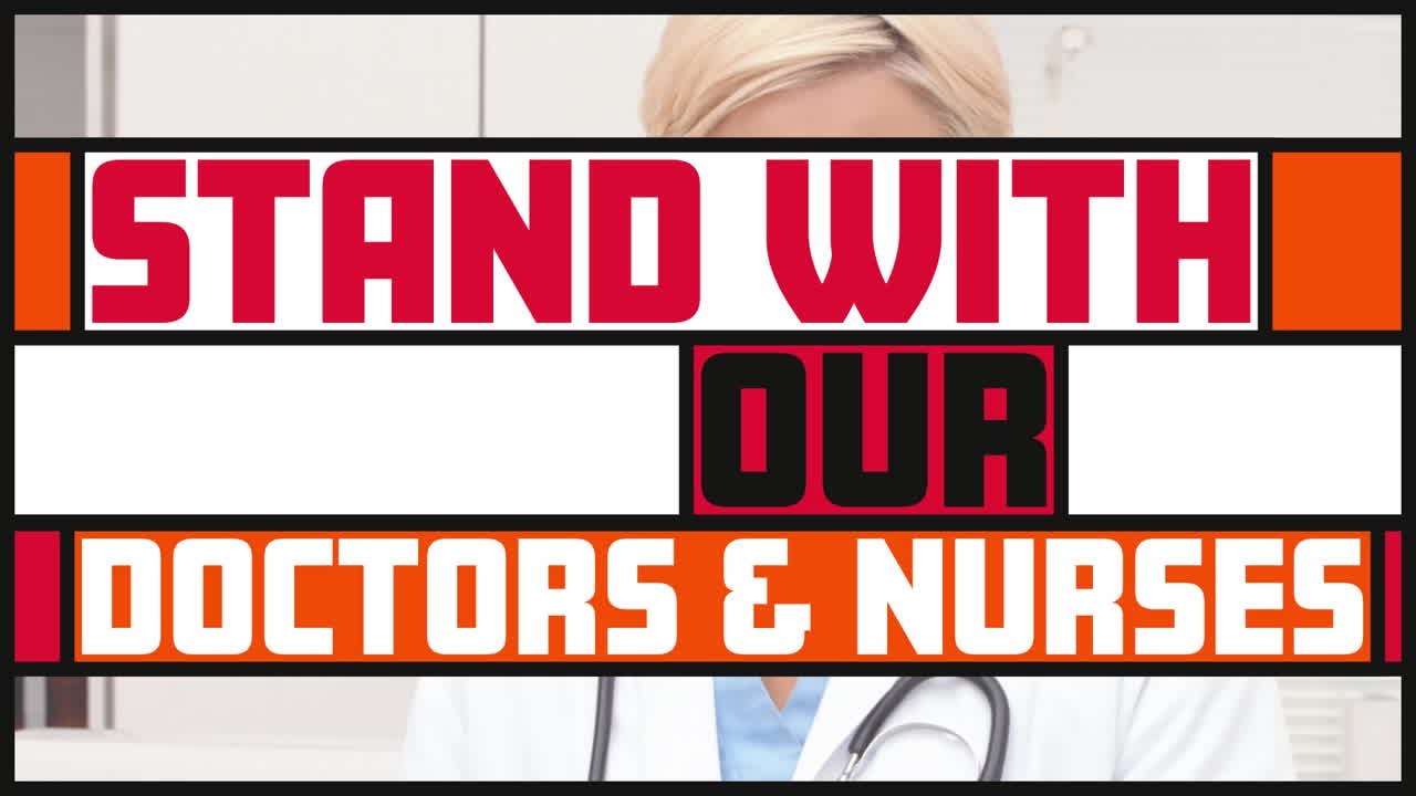 웃는 백인 여성 의사 위에 다채로운 배너에 텍스트의 애니메이션