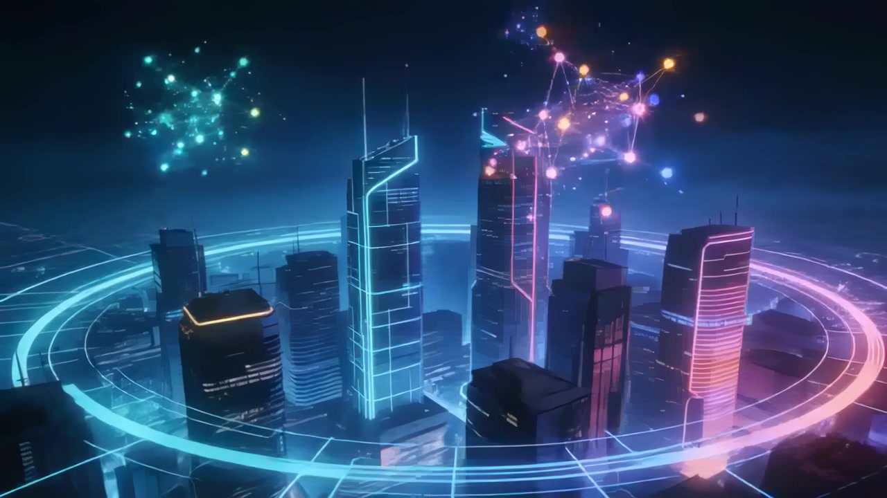 Opening shot showing central city pulsing neon inside rotating rings, indicating hologram activity