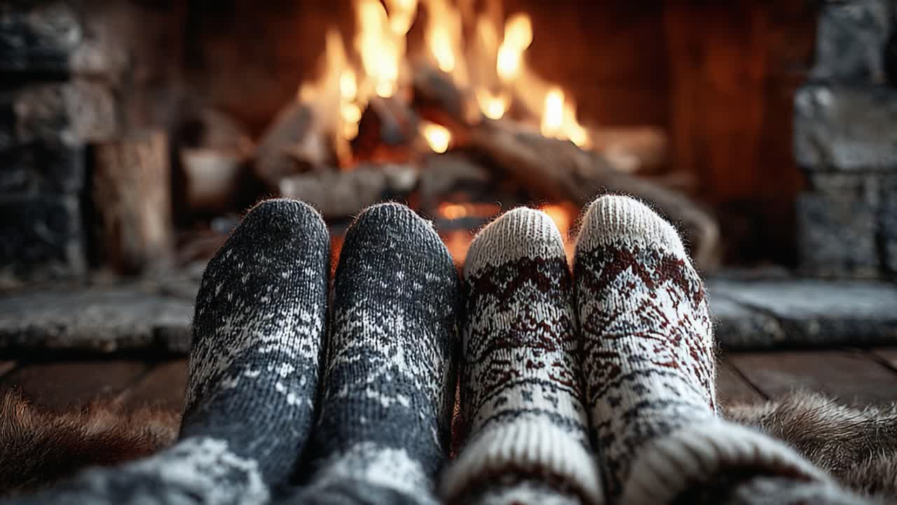 Cozy Winter Vibes: Warm Socks by the Crackling Fireplace Showcasing the Comfort and Relaxation of Hearthside Gatherings on a Chilly Evening