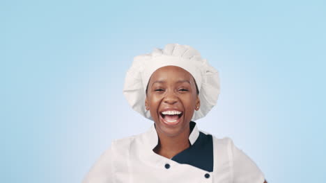 Face,-pointing-up-and-black-woman-chef-in-studio