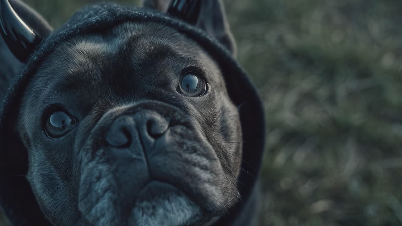 A Close-Up Portrait of a French Bulldog in a Hooded Costume with Horns, Capturing the Uniqueness and Charm of This Endearing Canine Companion