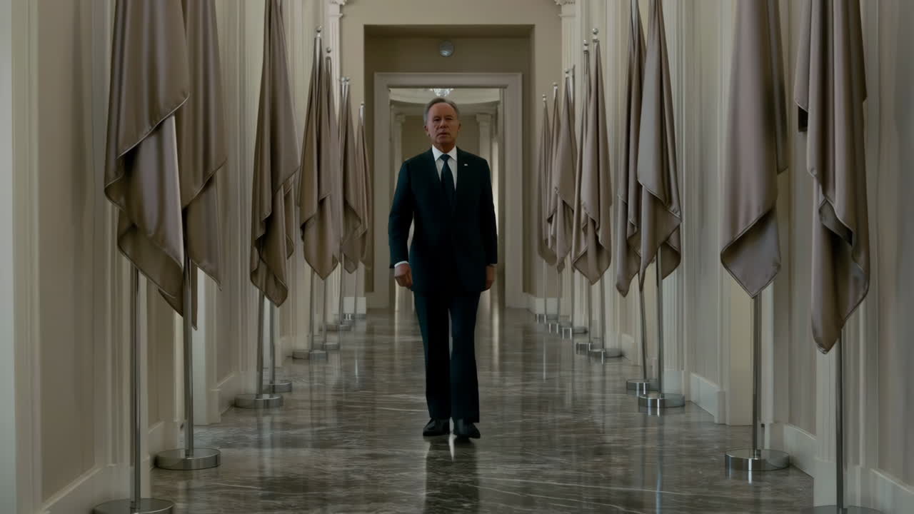 A man in a suit walks down a grand hallway lined with covered flags