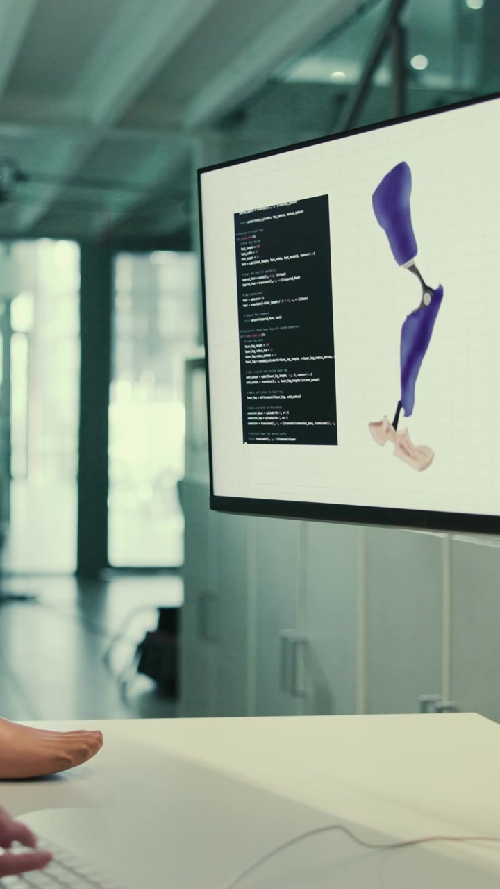 Ingegnere che progetta una protesi per la gamba utilizzando un software di modellazione 3D