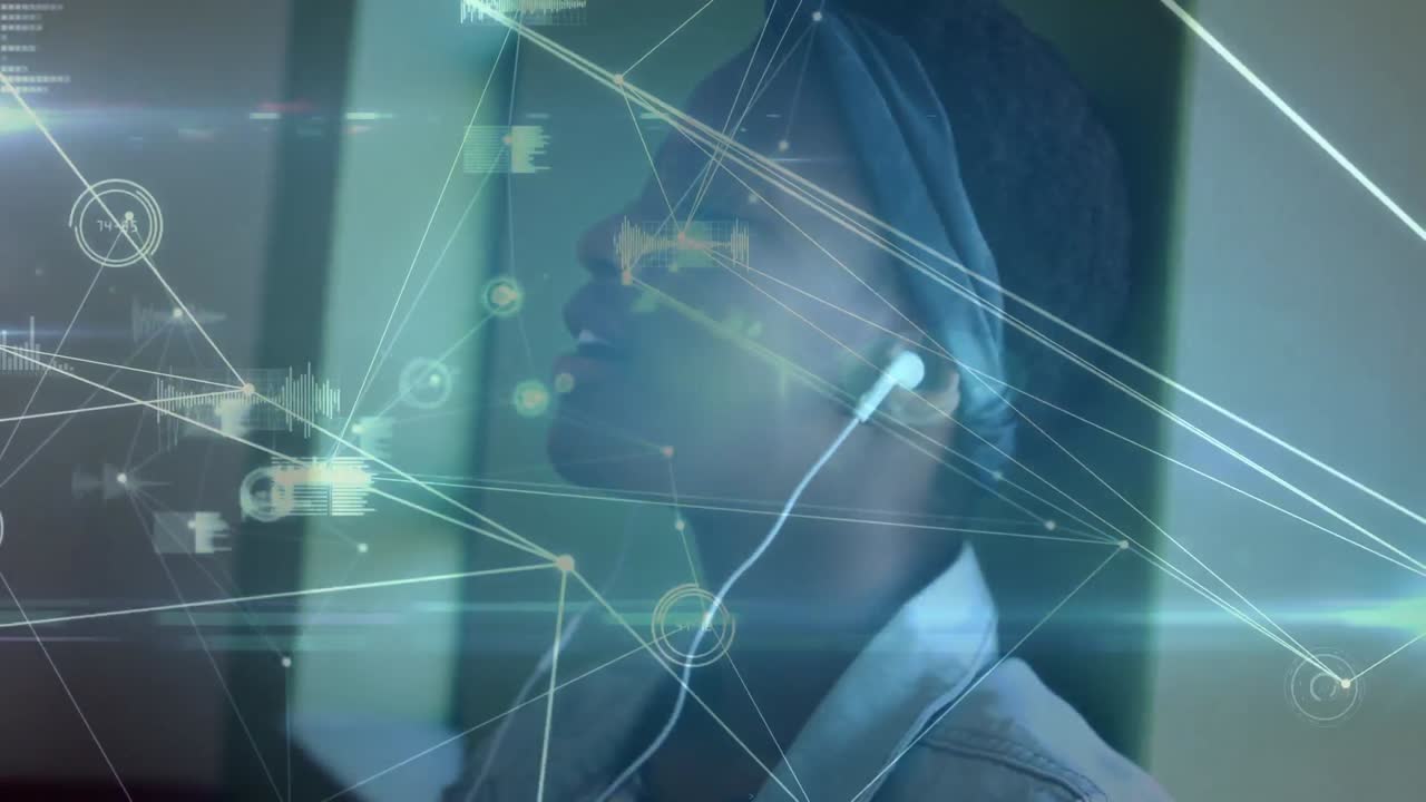 헤드폰을 사용하는 아프리카계 미국인 여학생에 대한 연결 네트워크의 애니메이션