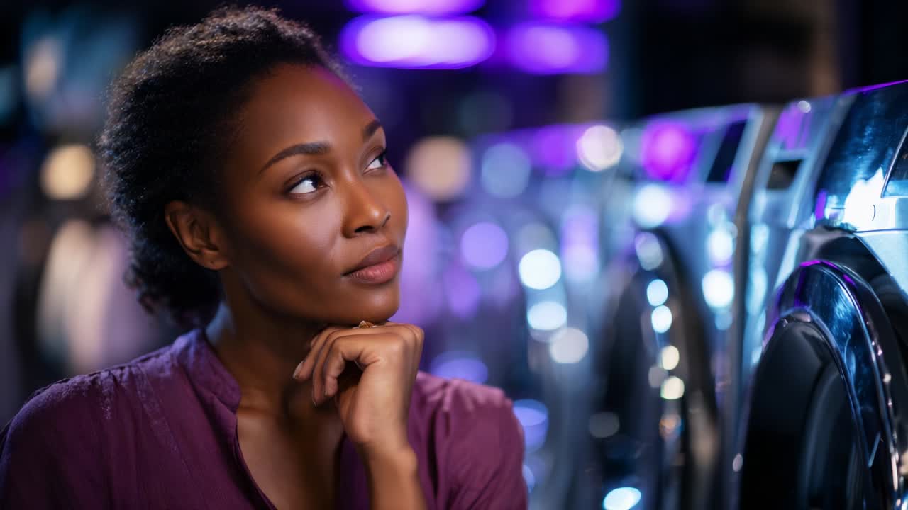A Thoughtful Moment in a Modern Laundry Setting: Capturing the Contemplative Expression of a Woman in Front of Washing Machines Surrounded by Colorful, Ambient Lighting Reflecting a Sense of Calmness