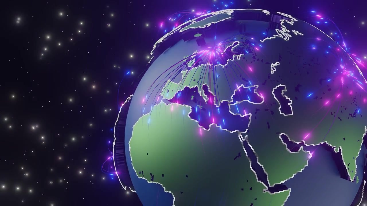 Bola dunia 3D dengan titik data digital bercahaya dan garis jaringan di luar angkasa, berfokus pada Eropa, Asia, dan Afrika. Konsep komunikasi dan teknologi global untuk desain dan cetak.