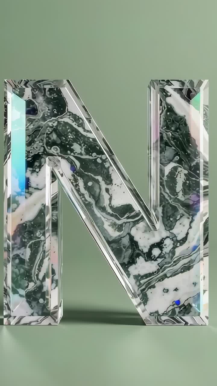 Vertical video: 3D-rendered letter N rotating in sage studio on startup, revealing marble interior