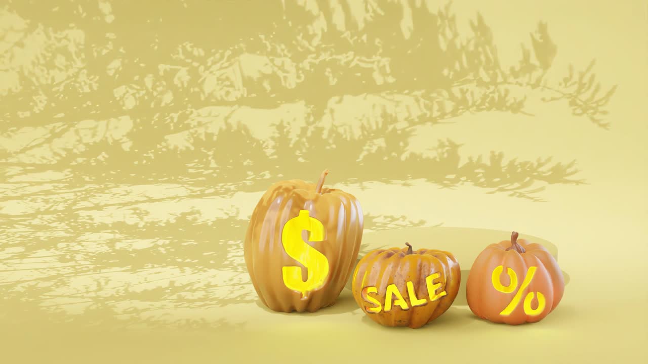 banner de descuento de halloween, decoración de calabaza, renderizado 3d, venta de octubre, vacaciones de halloween, concepto, brillante, naranja, amarillo, banner de ventas, ventas de halloween