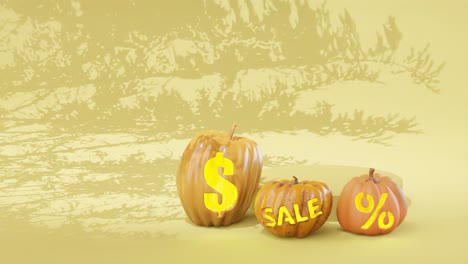 Banner-De-Descuento-De-Halloween,-Decoración-De-Calabaza,-Representación-3d,-Venta-De-Octubre,-Vacaciones-De-Halloween,-Concepto,-Brillante,-Naranja,-Amarillo,-Banner-De-Ventas,-Ventas-De-Halloween