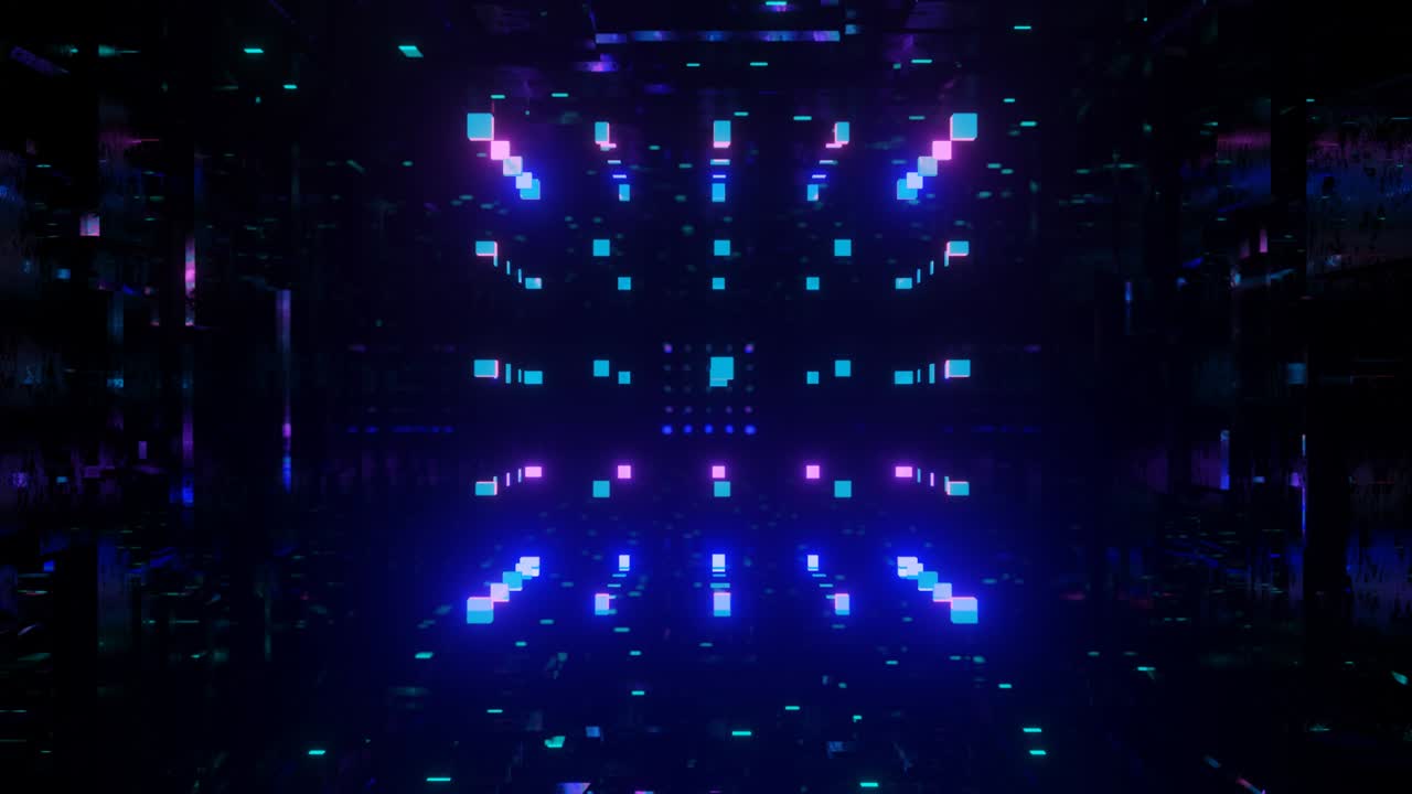 Struttura di cubi. Oggetto o struttura 3D ruota e si muove all'interno di un tunnel a specchio di vetro con luce al neon, riflessi luminosi. Sfondo astratto fantastico in loop in 4k. Vj per spettacolo. Sfondo sci-fi, tunnel hi-tech volante