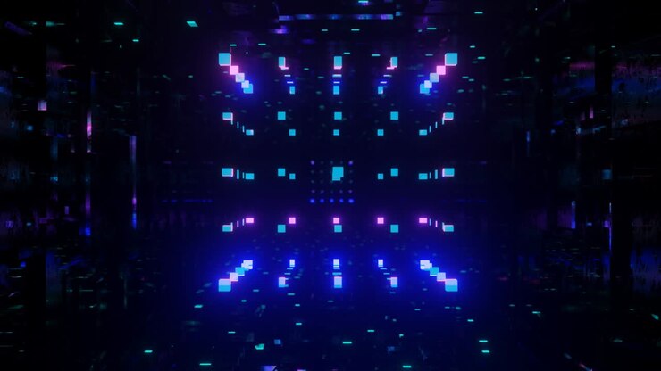 Kubestruktur. 3D-objekt eller struktur roterer og bevæger sig inde i en glas-spejltunnel med neonlys, lyse refleksioner. Fantastisk abstrakt baggrund i 4k loop. Vj til show. Sci-fi baggrund flyver gennem højteknologisk tunnel