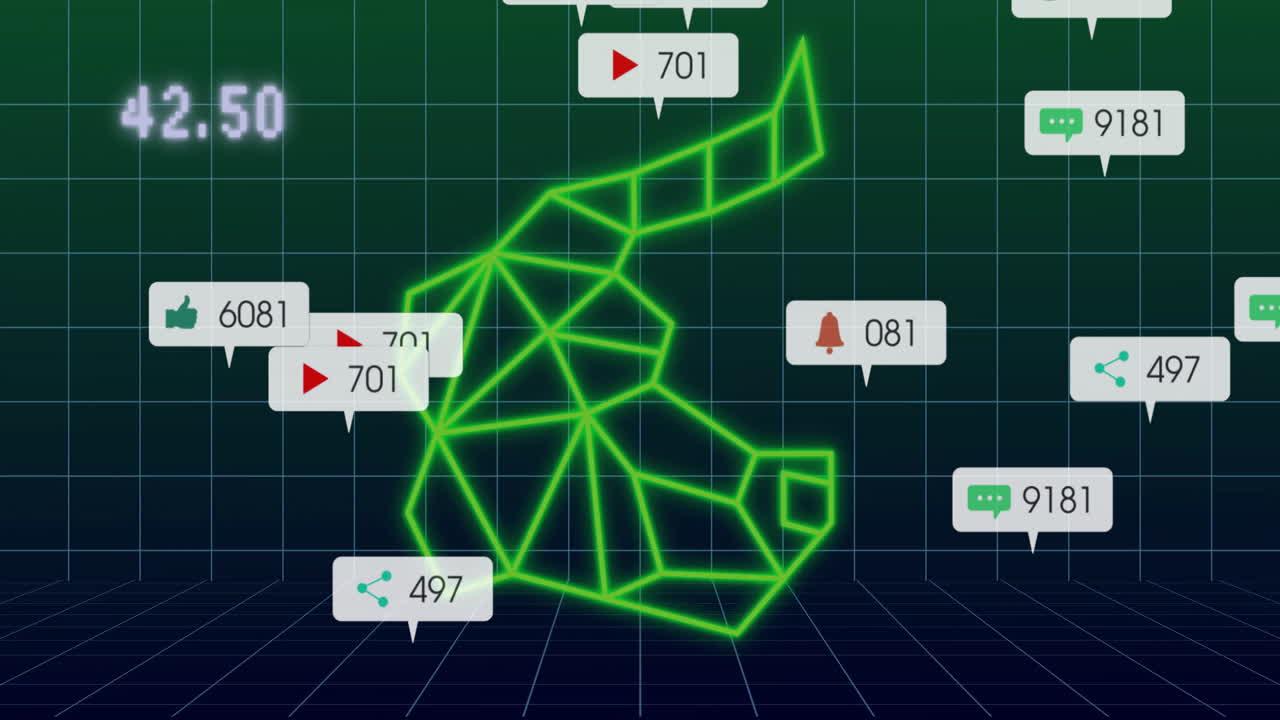 Animation of digital notifications and analytics icons over bull on grid background