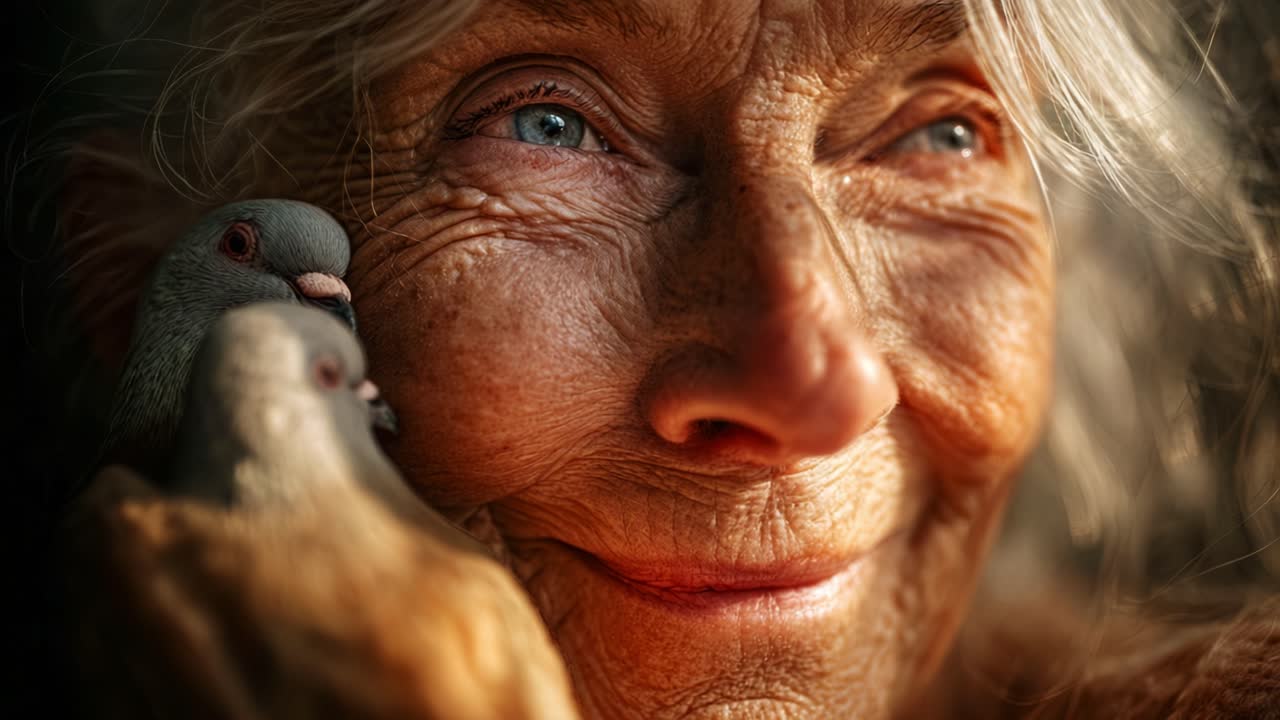 An elderly woman shares an intimate moment with her pet pigeons, showcasing a tender bond filled with warmth, love, and the beauty of companionship and connection in their shared experience