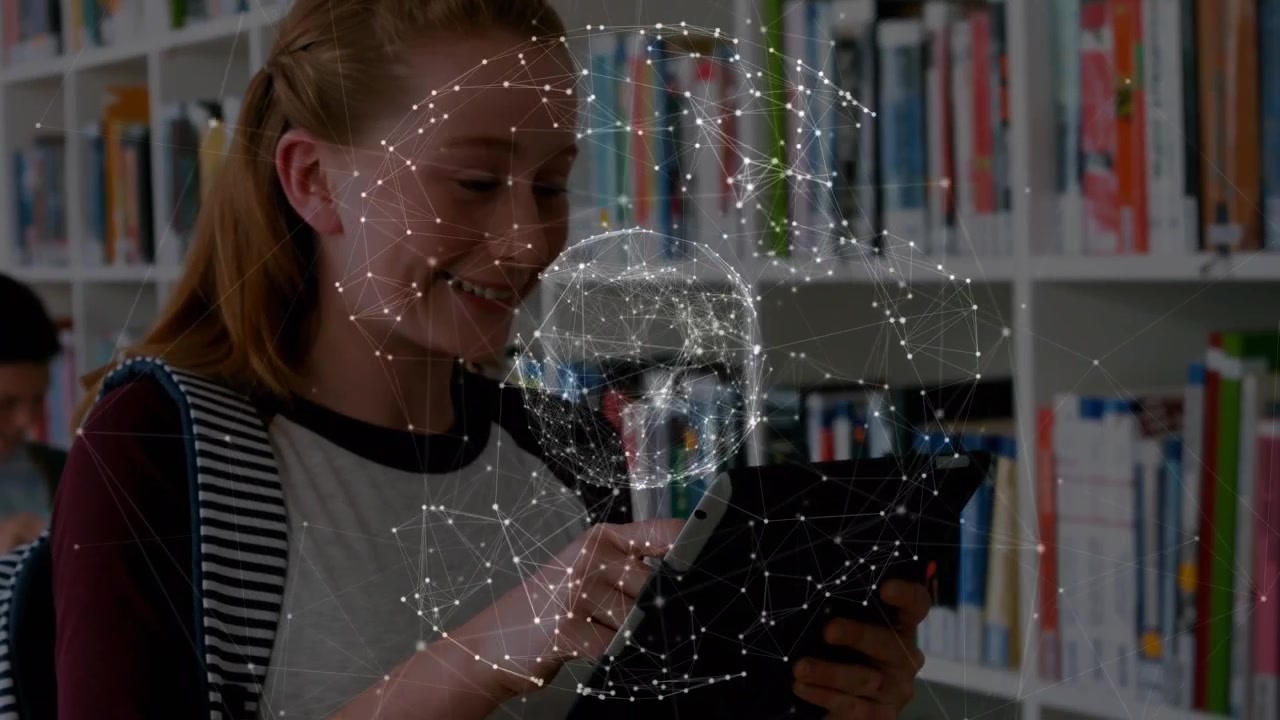 Animation of dots forming globes over smiling caucasian girl using digital table in library