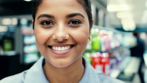 cajero amigable sonriendo cálidamente en un pasillo ocupado del supermercado, interactuando con los clientes y mejorando la experiencia de compra