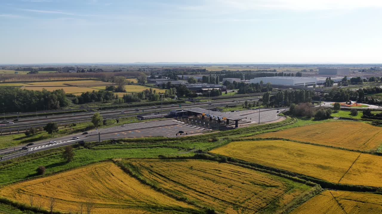 Toll road terminal, entry and exit on the Italian Autostrada. Aerial view