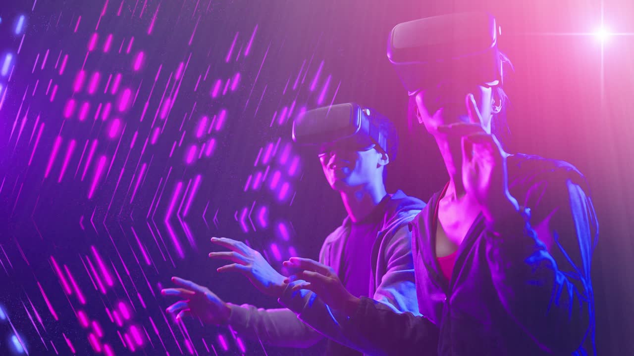 metaverse mondo digitale cyberspace tecnologia futuristica, uomo e donna in guerra vr google gioco di realtà virtuale giocando neon sfondo futuristico
