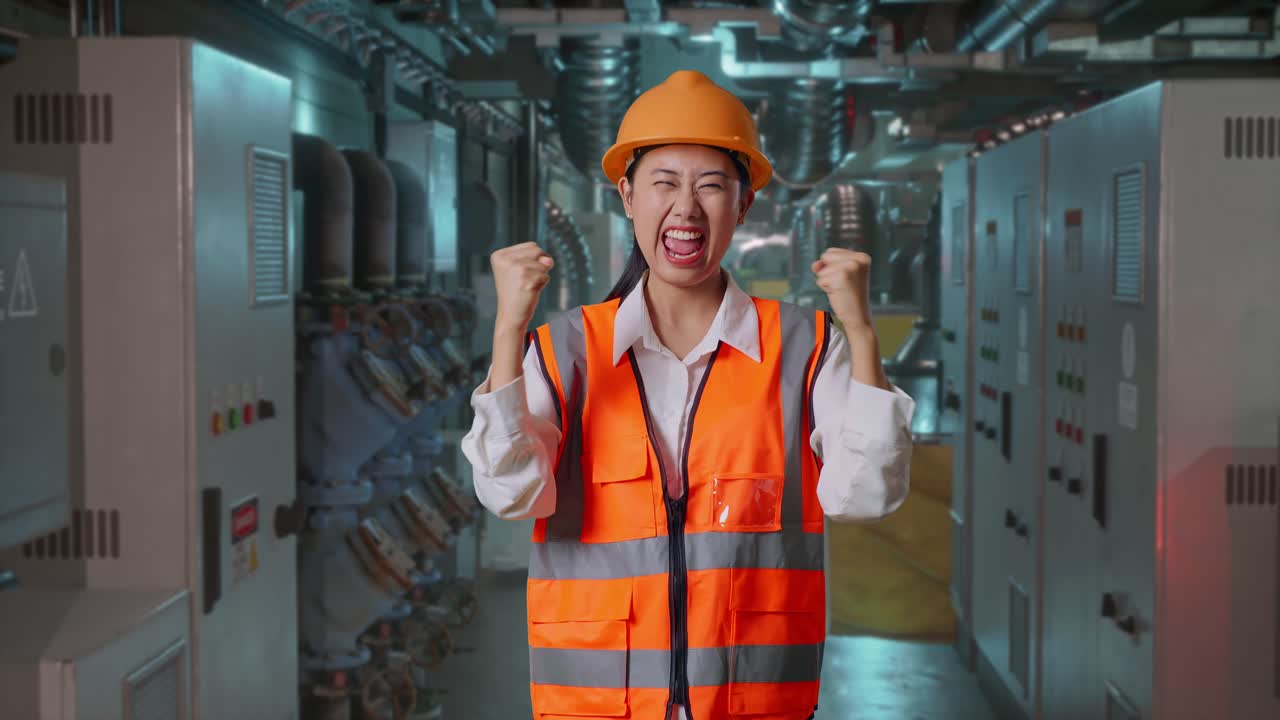 Woman Engineer Celebrating Success in Power Plant