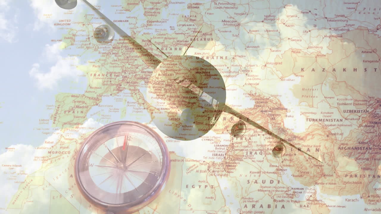 animación de un avión volando sobre la brújula y el mapa de europa