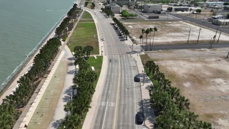 Aerial-approach-of-downtown-Corpus-Christi,-Texas