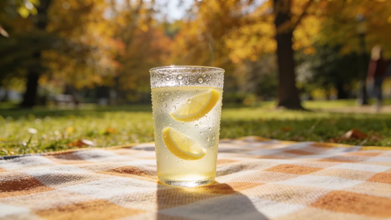 Sitting glass with two lemon wedges on checked picnic blanket in park, sunlit, bubbles rising